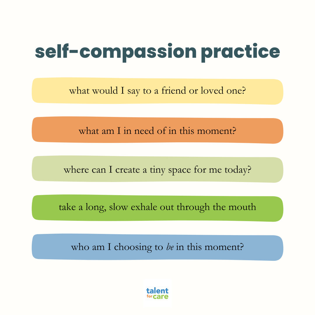 self-compassion practice. what would I say to a friend or loved one? what am I in need of in this moment? where can I create a tiny space for me today? take a long, slow exhale out through the mouth. who am I choosing to be in this moment?