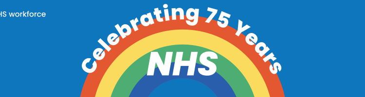 We're proud to support our NHS workforce. Celebrating 75 Years: NHS (Rainbow). #NHSBirthday. White text on Blue background