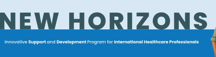 New Horizons. Innovative support and development program for International healthcare professionals. Program logo. Image of 3 healthcare professionals on blue background